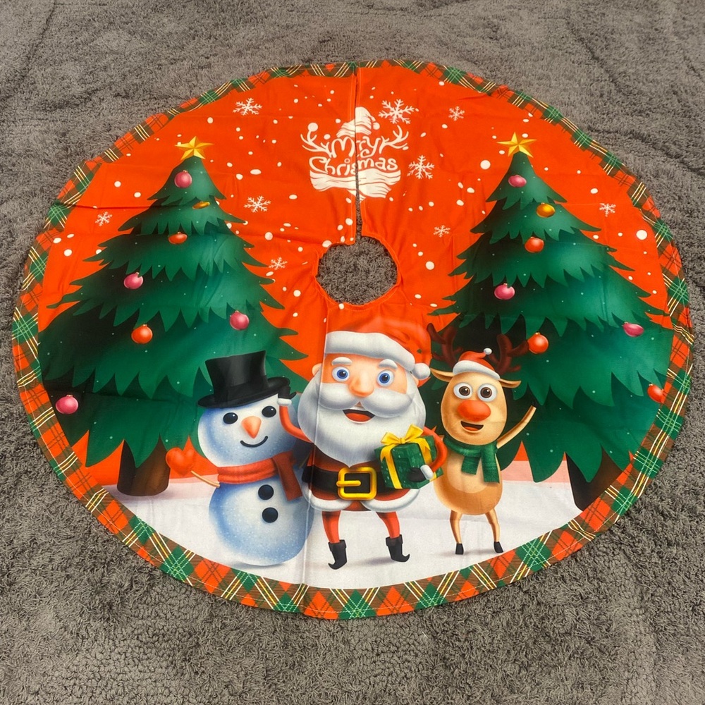 Christmas Tree Skirt - Red Santa, Snowman & Reindeer Design